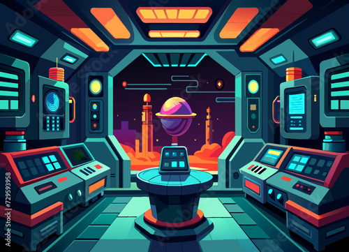 A highly detailed, sci-fi spaceship interior with advanced technology and holographic displays. vektor illustation