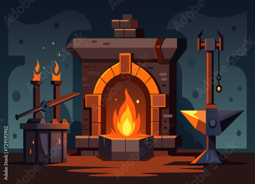 A medieval blacksmith's forge with glowing hot metal and intricate weapons. vektor illustation