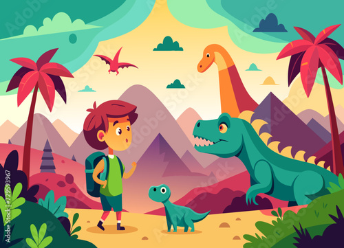 A time-traveling adventurer encountering dinosaurs in a prehistoric world. vektor illustation