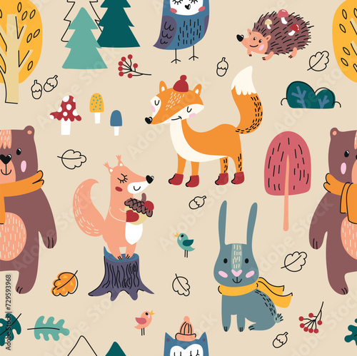 Childish vector seamless pattern with forest animals