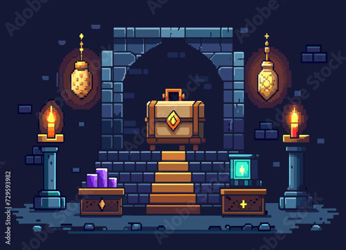 A pixel-art dungeon crawler level with traps and hidden treasures. vektor illustation