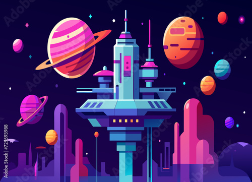 A sci-fi space station orbiting a distant planet with futuristic technology. vektor illustation
