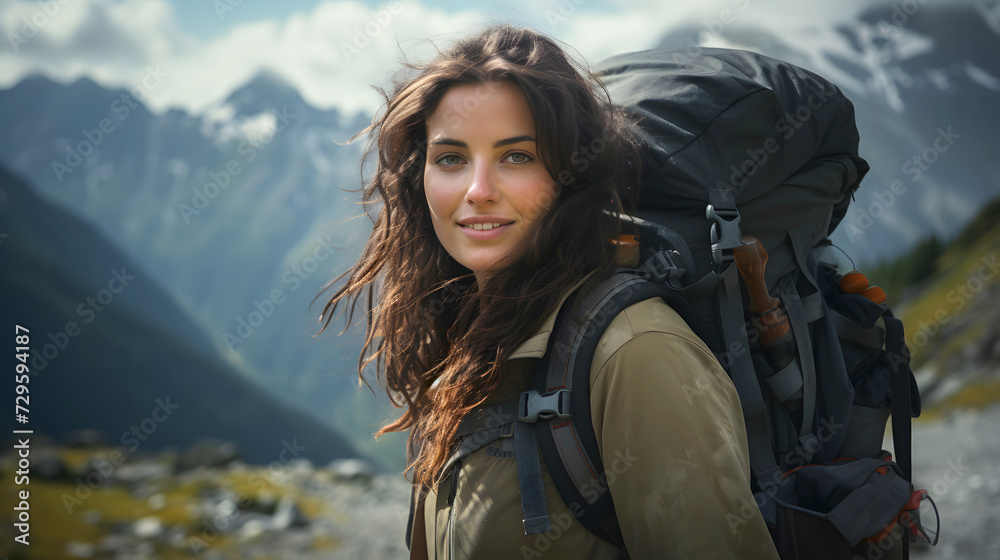 beautiful young woman tourist with a backpack travels on a hiking trip in the mountains. tourism and outdoor travel. beautiful young woman tourist with a backpack travels on a hiking trip in the mountains. tourism and outdoor travel.