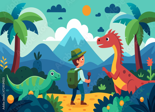 A time-traveling adventurer encountering dinosaurs in a prehistoric world. vektor illustation