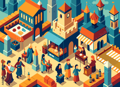 A detailed  isometric view of a bustling medieval marketplace with merchants and shoppers. vektor illustation