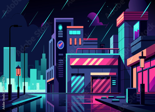A cyberpunk cityscape at night with rain-soaked streets and neon advertisements. vektor illustation