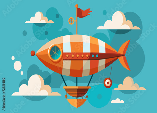 A whimsical, steampunk airship sailing through the skies with propellers and gears. vektor illustation