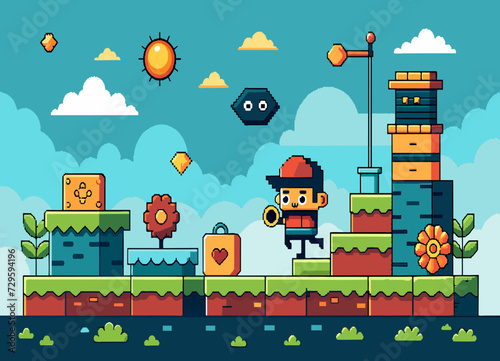 A pixel-art platformer game level with challenging obstacles and collectible power-ups. vektor illustation