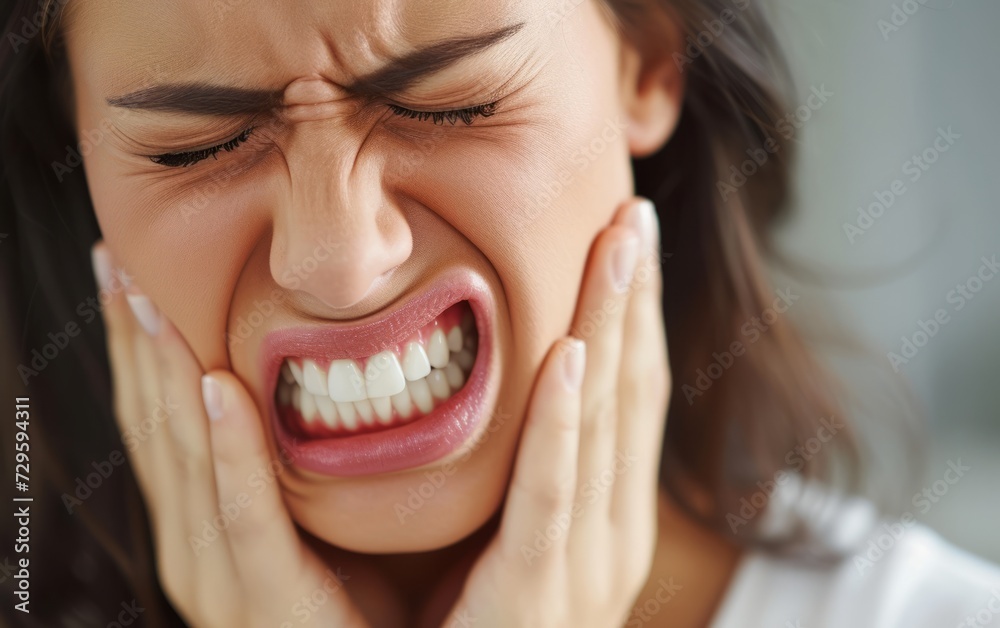 Toothache: A young woman clutching their cheek and wincing in pain,close up Toothache: A young woman clutching their cheek and wincing in pain,close up