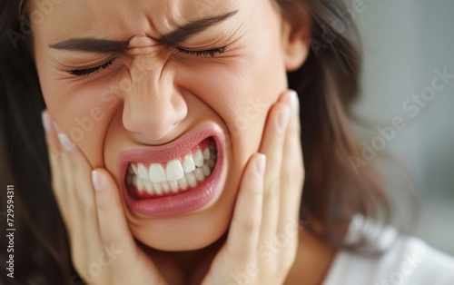 Toothache: A young woman clutching their cheek and wincing in pain,close up photo