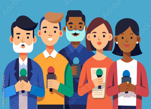 A diverse group of journalists reporting on international news. vektor illustation