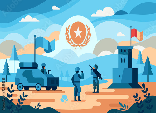 A United Nations peacekeeping mission in a war-torn region. vektor illustation