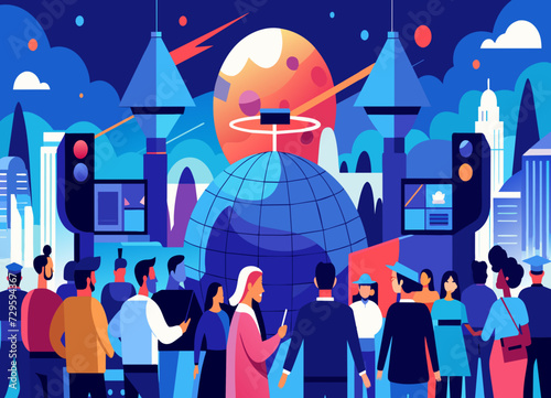 A crowded international tech expo showcasing the latest innovations. vektor illustation