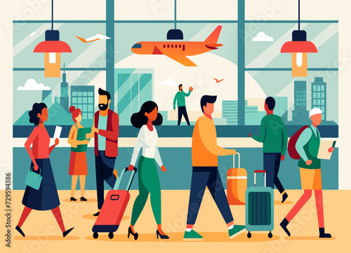 A bustling international airport terminal with travelers from diverse backgrounds. vektor illustation