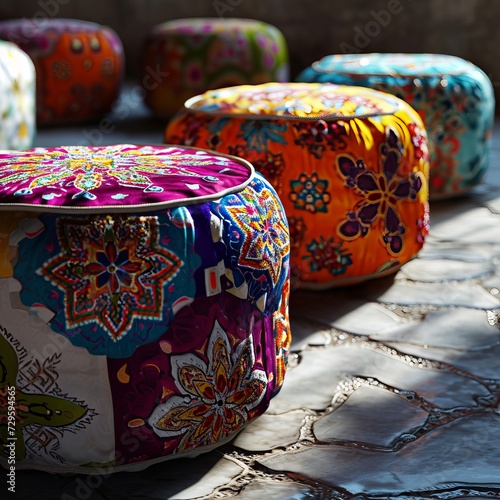 Colorful Embroidered Ottoman Poufs with Floral Patterns on Stone Floor in Sunlight