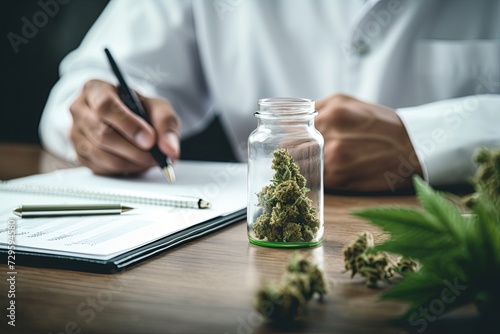 Medical marijuana. Cannabis on the table with doctor writting prescription in background. Ai Generative photo
