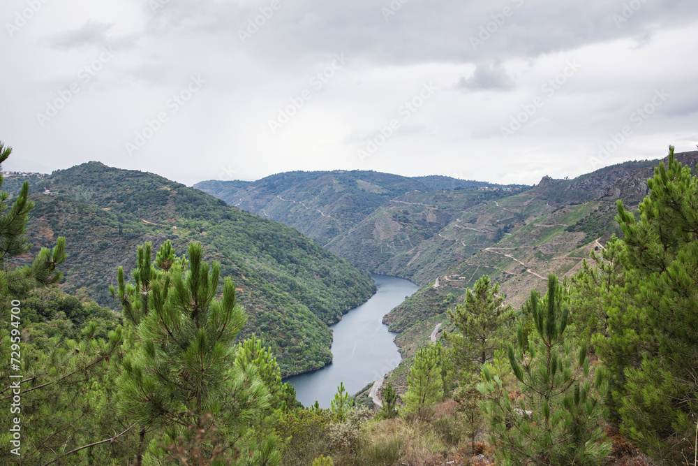 Landscape of Galicia, a region in Spain and navigable Sil river