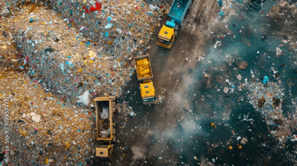 Aerial view garbage metal truck unload garbage consumption junkyard scarp, Global warming, Ecosystem and healthy environment concepts. Generative Ai