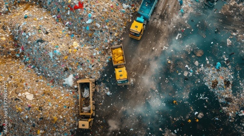Aerial view garbage metal truck unload garbage consumption junkyard scarp, Global warming, Ecosystem and healthy environment concepts. Generative Ai © SAHURI