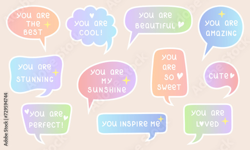 Compliment stickers. Cute speech bubbles with compliments. `Positive stickers with hand written phrases and doodle elements. Self love, motivation or world compliment day theme. Vector illustration.