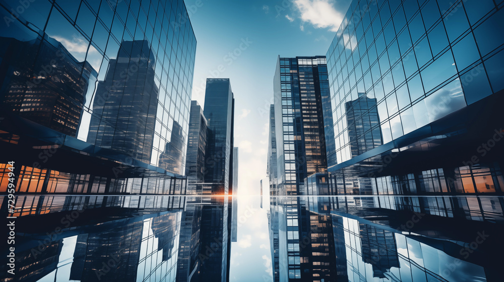 Abstract city skyline with towering skyscrapers and their reflection. Bustling city skyline at night, featuring building with a background of abstract business and finance elements.