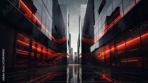 Cityscape featuring towering buildings illuminated with red lights, representing an abstract business and finance background.