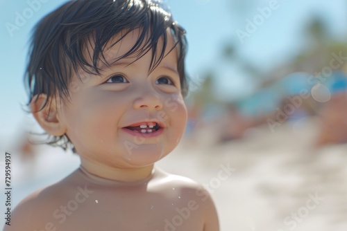 Portrait of a cute little boy on the beach. Selective focus.