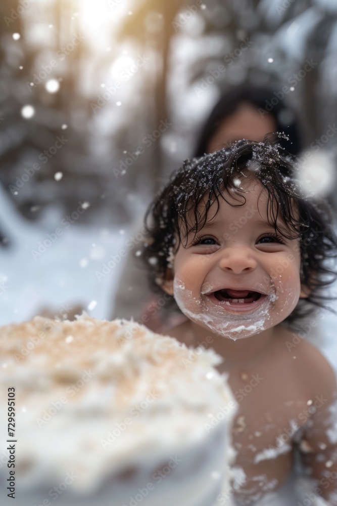 Cute little baby girl with a big cake in the snow.
