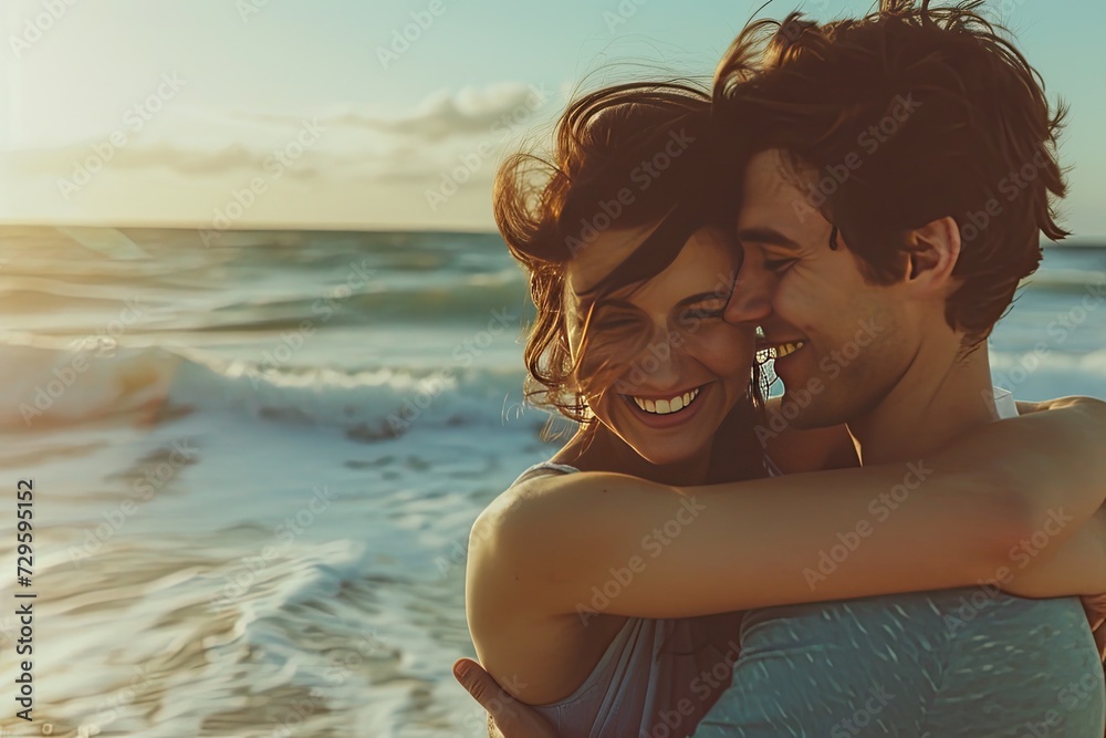 couple hugging on a beach, space for text