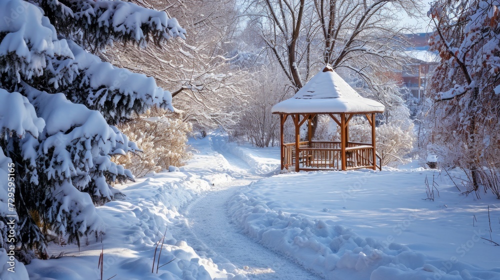 Beautiful white wooden gazebo in a winter park against the backdrop of snowy trees. Park within the city
