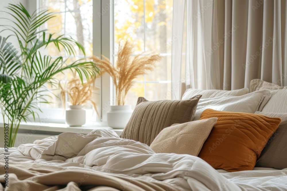 modern bedroom with orange pillows on bed and green plants in the background