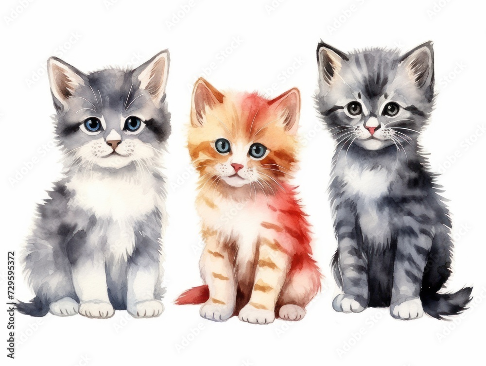 Sweet innocence: a row of adorable, fluffy watercolor cats, each exuding a unique personality on a pure white canvas.