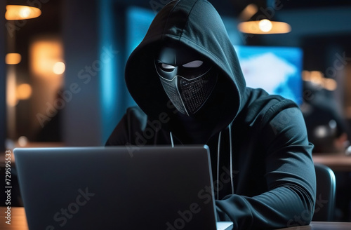 Hacker in a black hoodie with a hood pulled over his head sits at a desk and stares into a laptop monitor. Cybercrime. Generated AI