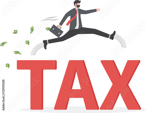  Overcome tax problem, expert advice for taxation or financial challenge concept, confidence businessman holding money briefcase pole vault jump over the word TAX.


