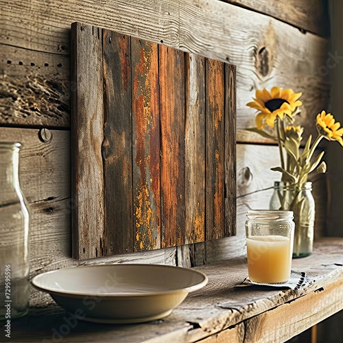 Rustic Wooden Wall Art with Sunflowers and Candle in Cozy Home Interior photo