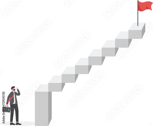 First step is hardest, learning curve or overcome difficulty when start new business, challenge to succeed in work concept, discouraged businessman looking at high steep first step of success stairway
