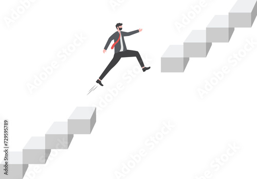 Overcome difficulty or obstacle to grow career path, challenge and risk to success and win business competition concept, ambitious businessman jump pass broken stair gap to reach target.