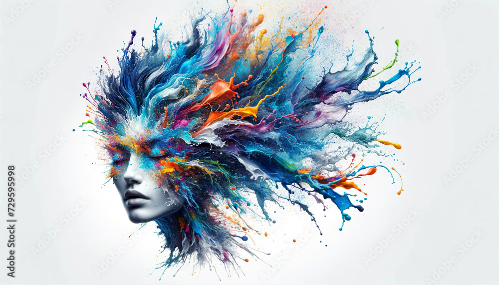 An artistic representation of a face profile with a vivid explosion of ...