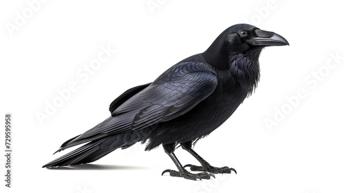 Black crow standing isolated on white background, showcasing its plumage and profile. Side view © Prompt Images