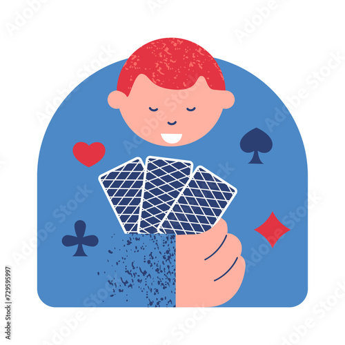 Human playing with cards. Card game. Simple geometric sketch vector illustration