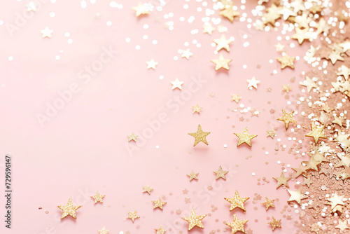 Birthday Background Pastel Peach Colours delicate powder pink Glitter Stars falling with soft caramel brown copy space © Microstocke