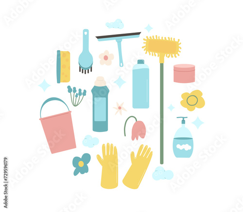 Spring cleaning circle composition isolated on white background Wash home tools set in round shape. Vector illustration