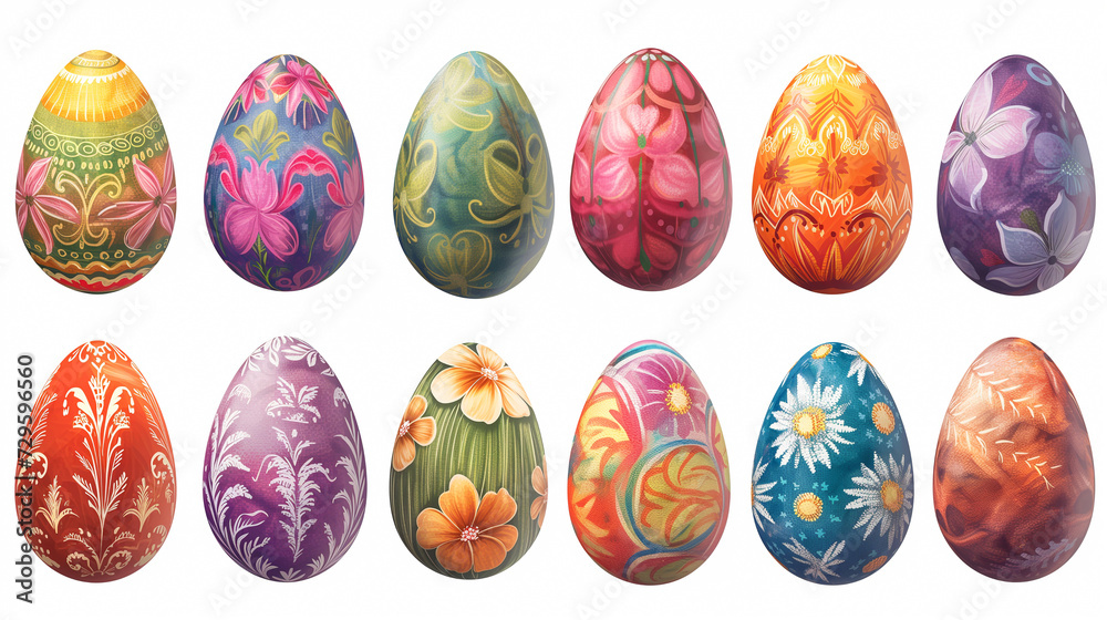 Rows of colorful Easter eggs with ornaments on a white background