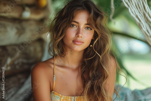 close-up portrait of charming girl looks into the camera, on the background of tropical plants, the concept of recreation