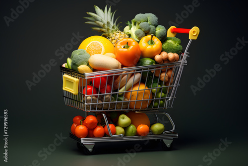 grocery cart with fruits, vegetables and other products from the supermarket on a dark background