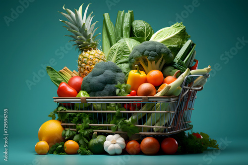 grocery cart with fruits  vegetables and other products from the supermarket on a dark background