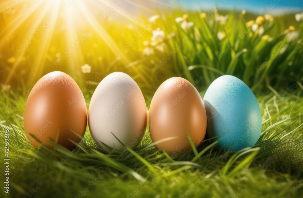 Easter eggs stand in a row on the green grass at sunset. Easter traditions concept, games for children, America Easter eggs stand in a row on the green grass at sunset. Easter traditions concept, games for children, America
