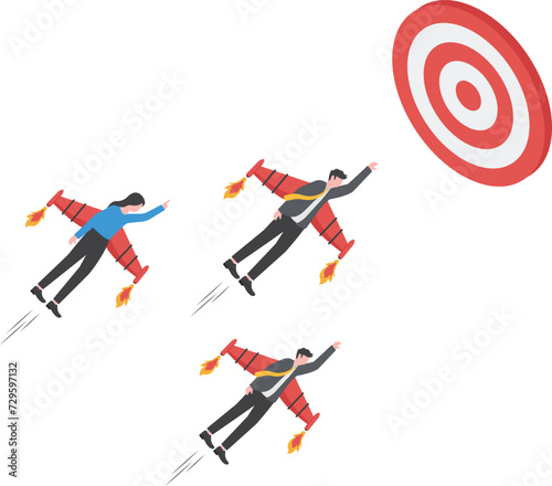 Team target, teamwork or professional aiming and reach business goal, work achievement, cooperation to success, leadership or challenge concept, business people superhero fly to reach target bullseye.