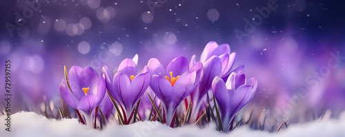 Purple crocus flowers blooming in snow in the soft morning light  generated by ai
