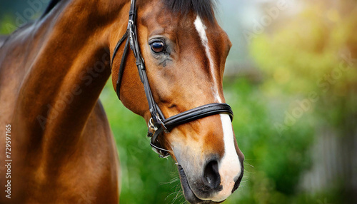 A beautiful Arabian bay horse with a bridle  showing off its majestic face and captivating eye.